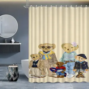 Vintage Bear Family Bathroom Set, Luxury Waterproof Shower Curtain, Non-Slip Mat, Easy Clean, Ideal for Bathrooms, Background, Shower Curtain Sets