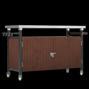 Outdoor Grill Cart with Stainless Steel Tabletop, Storage, Patio Kitchen Island with Wheels, Hooks, and Spice Rack