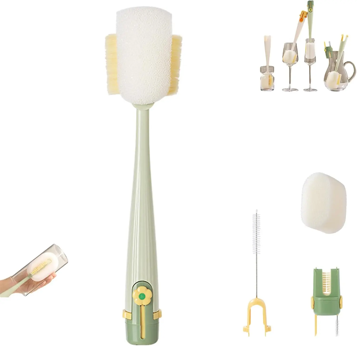 5-in-1 Flexible Tips Multiple Cleaning Tools – Multifunctional Bottle, Cup & Straw Cleaner (Cream White/Jasmine Green) with Kitchen Silicone Sponges