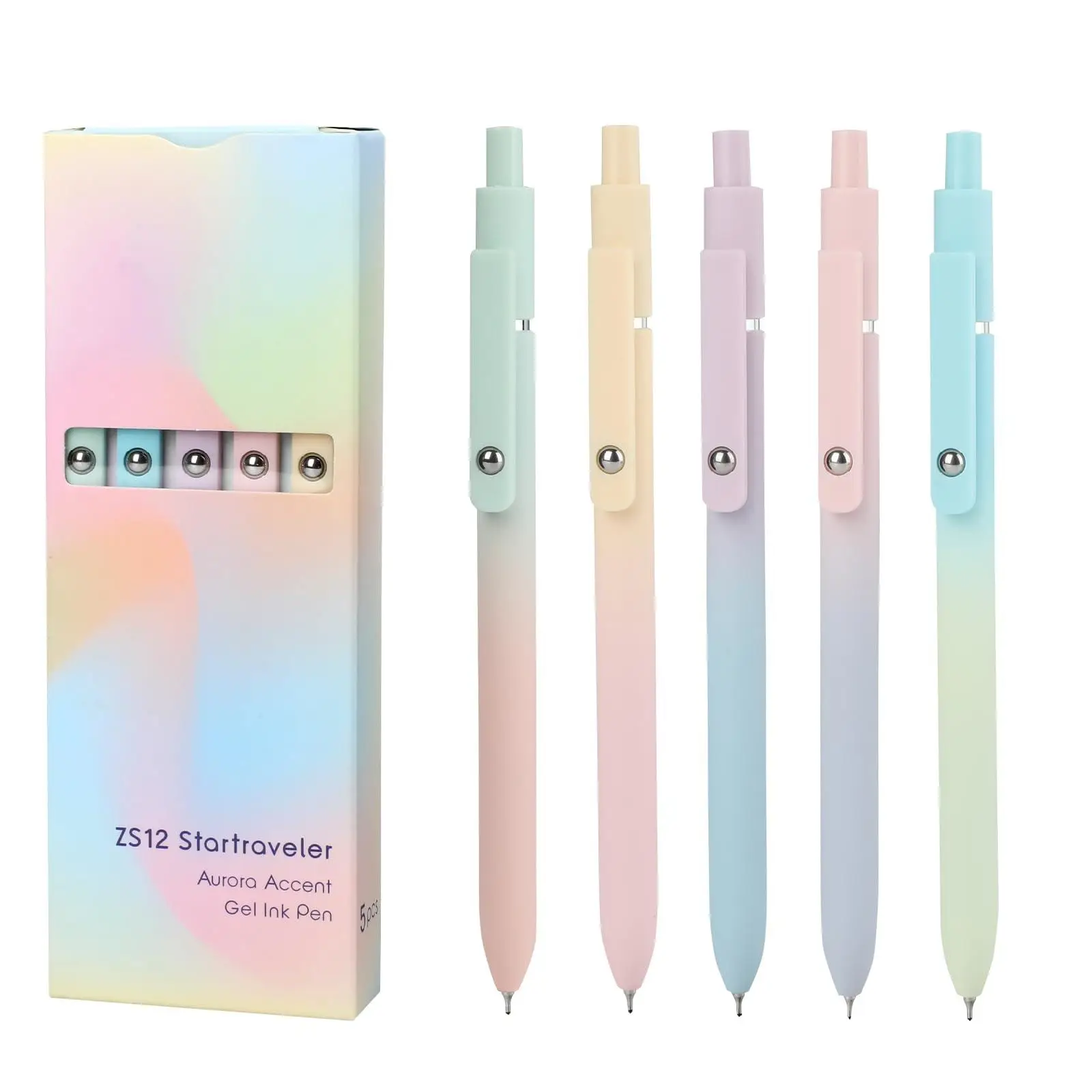 0.7mm Gradient Color Press Type Quick Drying Carbon Pen, 5 Counts Cute Writing Pen, Smooth Writing Pen for Office School Student