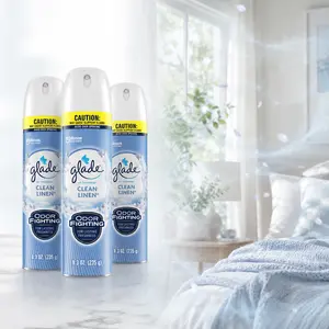 Glade 8.3 oz Clean Linen Scent Air Freshener Spray, crisp air, fresh laundry, lily of the valley, soft mist technology, lighter spray, +20% more sprays, long lasting freshness, odor eliminator,instant refresh,no shake,compressed gas,no dyes,phthalate-free