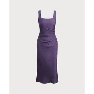 Rihoas Women's Minimalist Solid Purple Square Neck Pleated Polyester Bodycon Slip Midi Dress - Lady's Corporate Office Wear with Zipper
