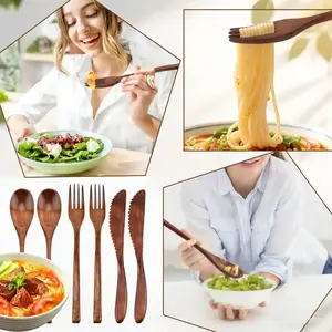 6Pcs Wooden Tableware Set, Reusable Spoon Fork Scraper Camping Travel Cutlery