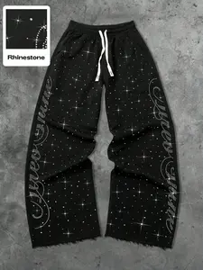 Men's Street Style Streetwear Rhinestone Straight Leg Sweatpants, Loose Fit Long Pants Design, Comfortable Fashion Joggers for All Seasons