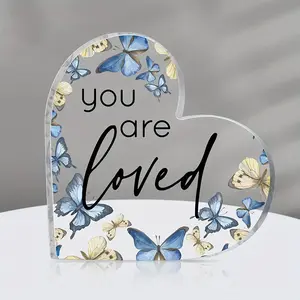 Acrylic Heart Shaped Ornament, Butterfly Pattern Desktop Ornament, Inspirational Heart Shaped Decor Sign, Gift for Teacher, Wedding