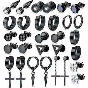 Florideco 15Pairs Mens Earrings - Stainless Steel Silver Black Stud, Zirconia Hoop & Dangle Earrings Set - Hypoallergenic for Men & Women