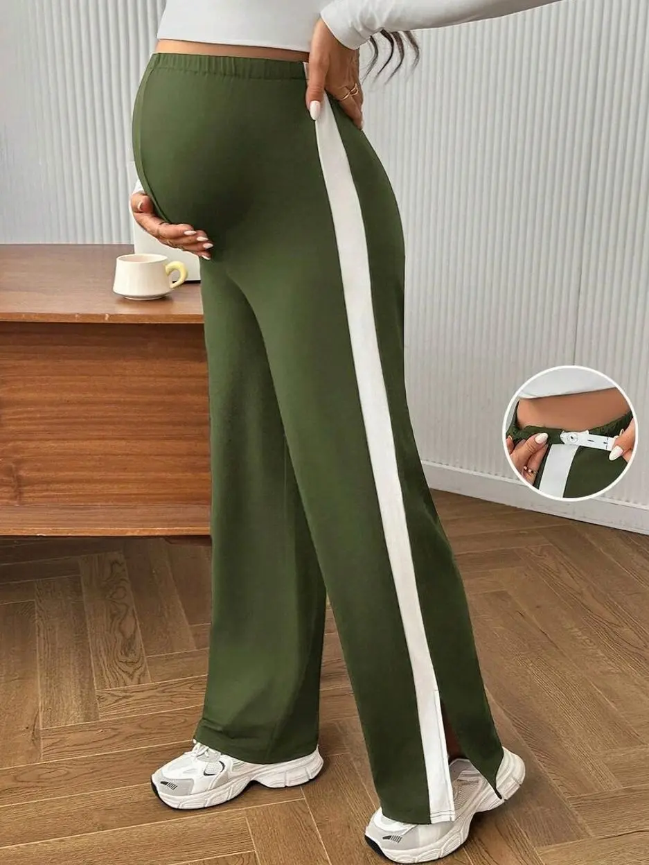 Maternity Color-Blocking Leggings Split Hem Casual Pregnancy Pants Soft Comfortable Fit For Daily Wear