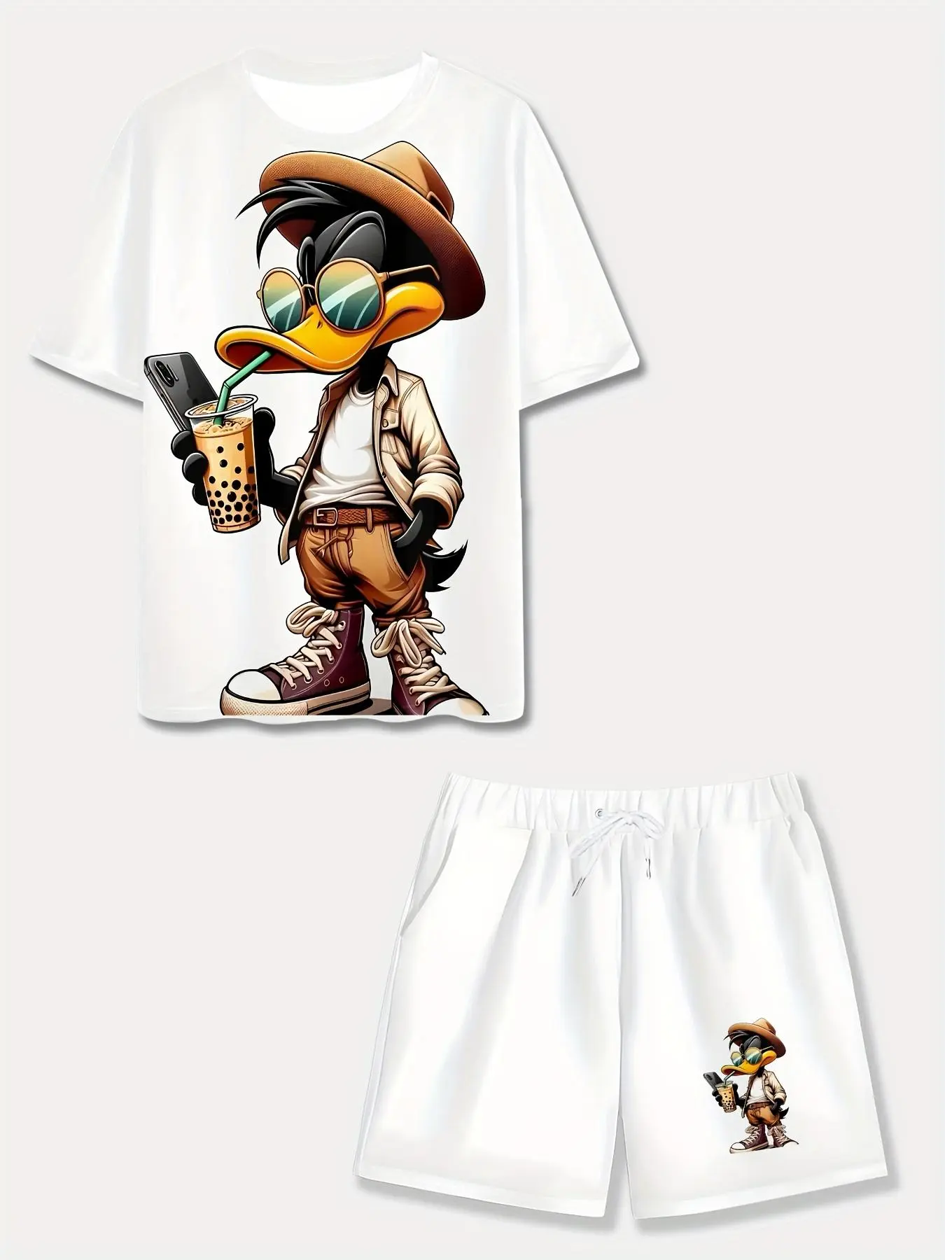 Men's 2-Piece Casual Summer Retro Polyester Knit Micro-Stretch Crew Neck T-Shirt & Shorts Set - Soft Round Neck Fabric, Stylish Unique Duck Print Tropical Sleeve Shirt & Top Sets Menswear, Sleeve Shirt And Shorts & Top Sets