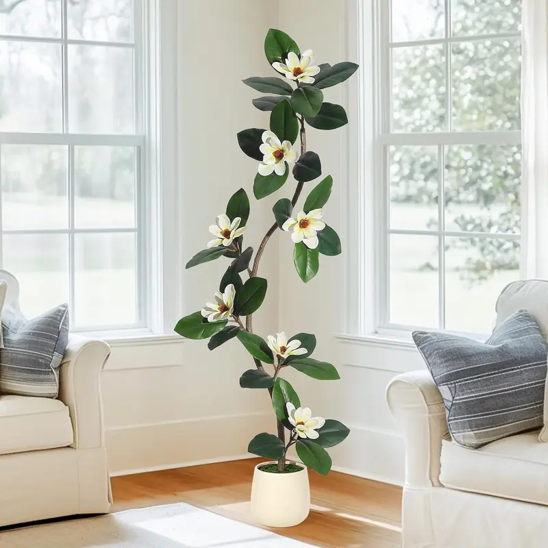 Lifelike Artificial Rubber Tree - 5ft/6ft/7ft Botanical Decorative Indoor Realistic Artificial Trees, Faux Floor Plant with 8 Magnolia Flowers, Decorative Fruit Moss, Nature Round Ornaments, White Planter for Indoor Decor, Botanical Artificial Plants