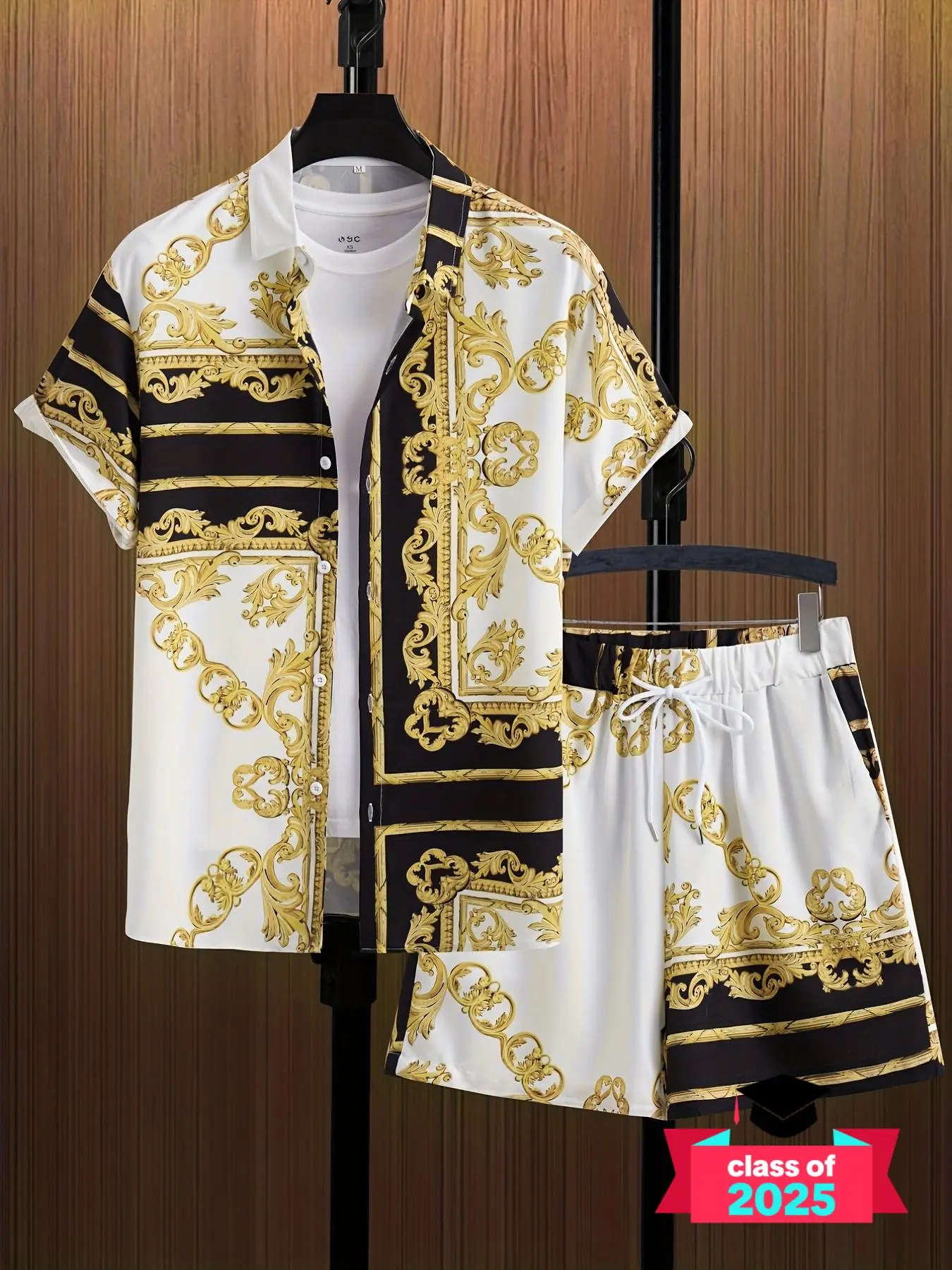 Two Counts Men's Baroque Print Drawstring Waist Two-piece Set, Regular Fit Casual Short Sleeve Top & Straight Leg Shorts, Summer Outfits, Men's Two-pi