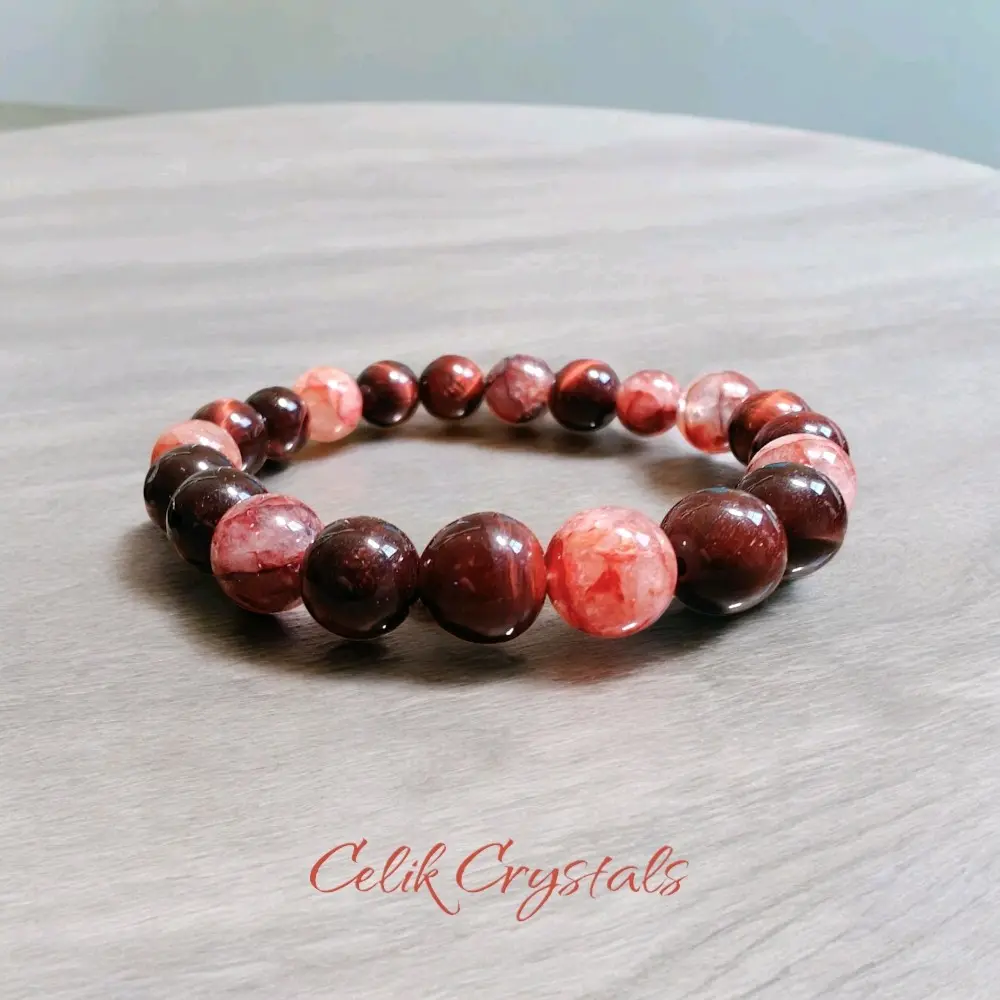 10mm Handmade Red Tiger Eye & Fire Quartz Healing Crystal Bracelet, Stretch Bangle Bracelet for Men & Women, Natural Crystal Jewelry for Confidence Boost