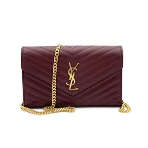 Pre-owned Yves Saint Laurent Chevron Leather Wallet on Chain Classic Monogram Matelasse Medium Burgundy #3575