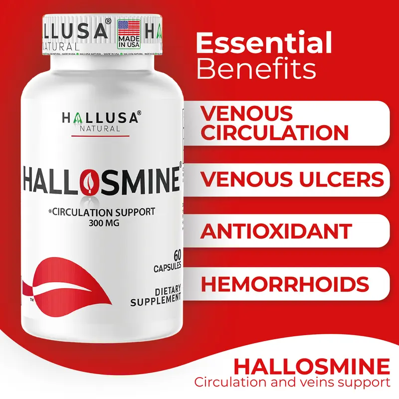 HALLUSA NATURAL HALLOSMINE 300 Mg Diosmin Circulation 60 Capsules Gluten-Free Organic GMO-Free Sugar-Free Supplement for Healthy Circulation & Veins Health Made in USA Dietary 1