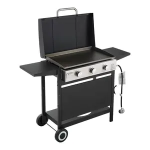 Gas Griddle, 3-Burner Flat Top Grill, Propane Griddle with Wheels, Lid, 3 x 11000 BTU Outdoor Flat Top Grills for Pan-Frying, Grilling & BBQ