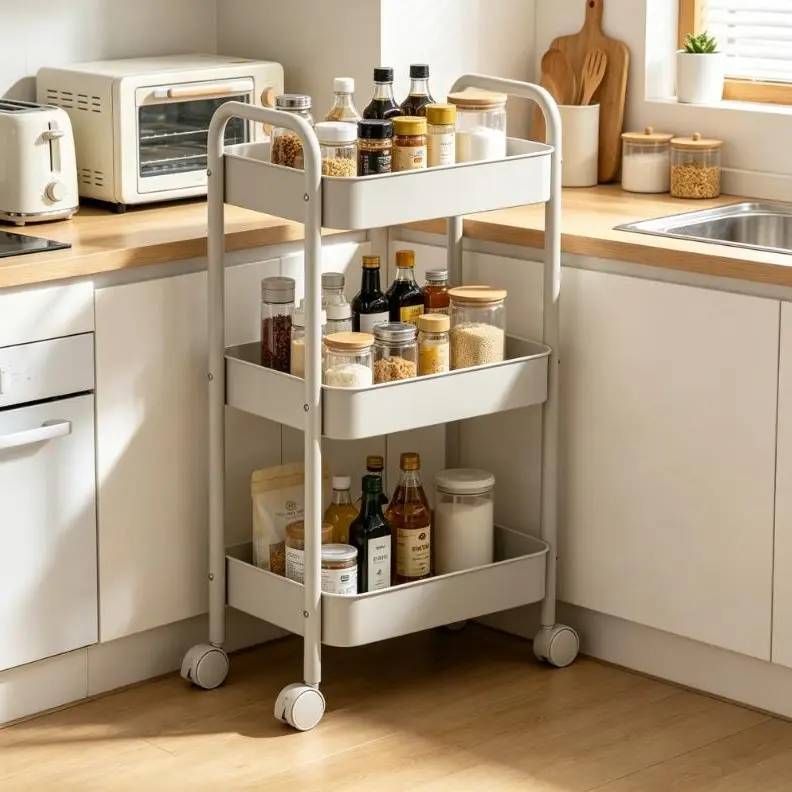 3-Tier Adjustable Metal Bathroom Organizer Rolling Trolley with Lockable Wheels, Mother's Day Practical Home Gift, Utility Cart Racks for Bathroom & Indoor Storage multifunctional food