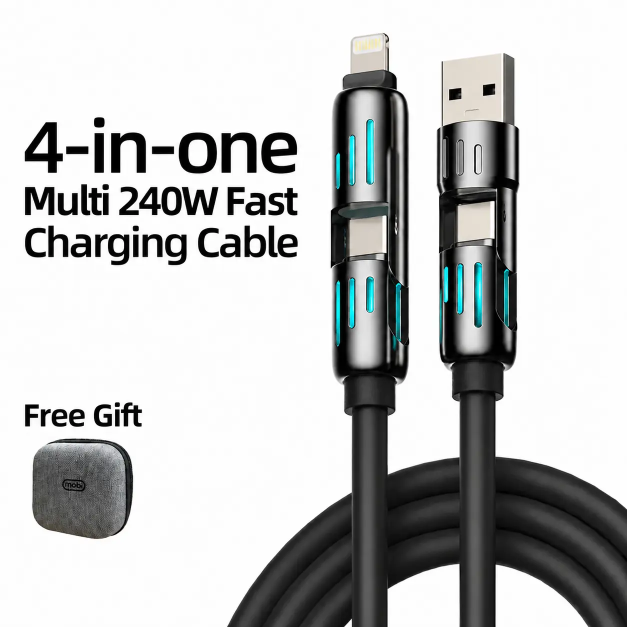 MOBI 4-in-1 Durable Fast Charger, 240W Multi-Port Cable with USB-A, Type-C, Lightning Connectors for iPhone17, Samsung Mobile/Cellphone, Smartphone Devices & Laptops (Liquid Silicone) Charging Accessory Black