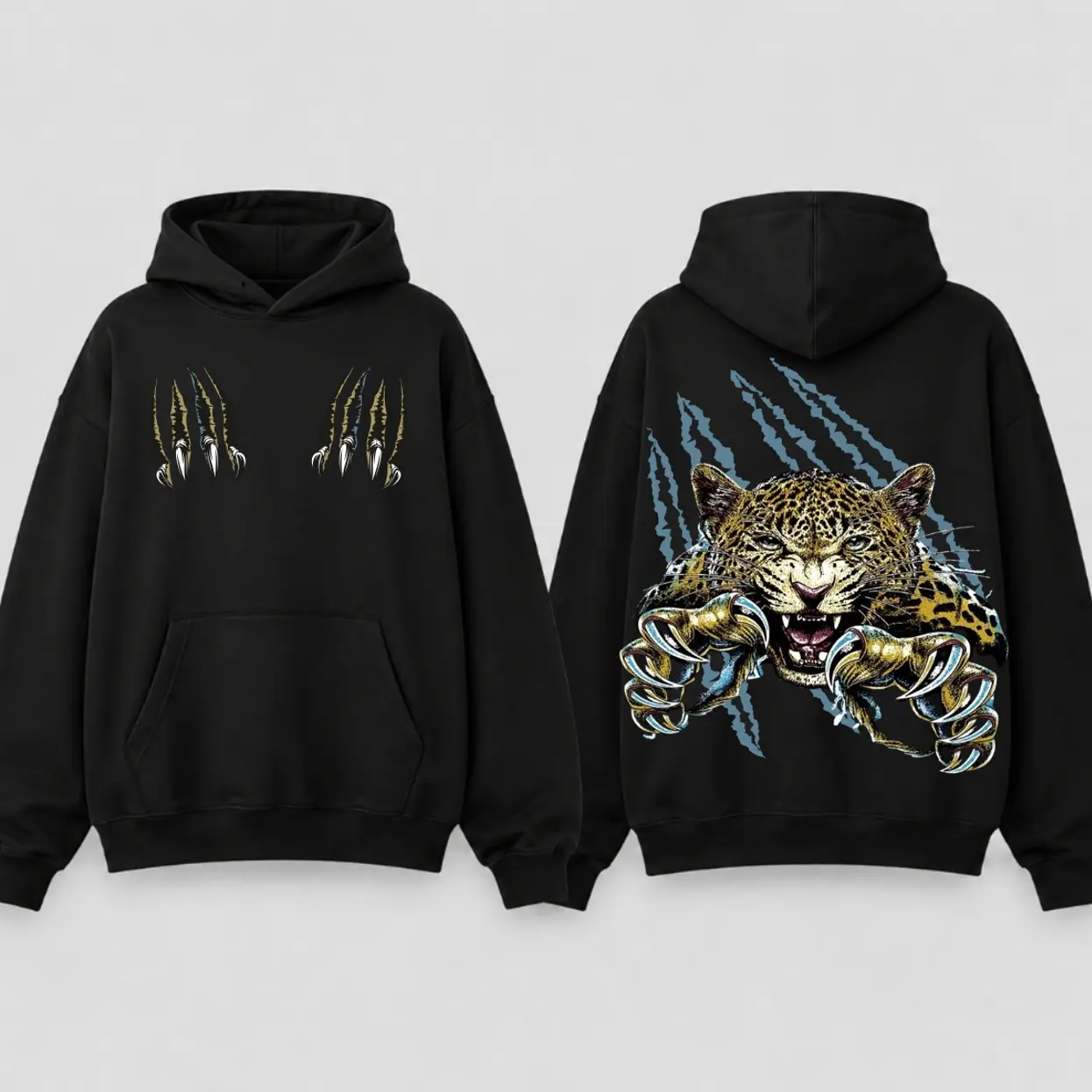 2-Sided Leopard Claw Ripped Hoodie, Wild Animal Graphic Hoodie, Distressed Streetwear Style, Large Print Pullover, Edgy Y2K Aesthetic, Unisex Gift For Men Women