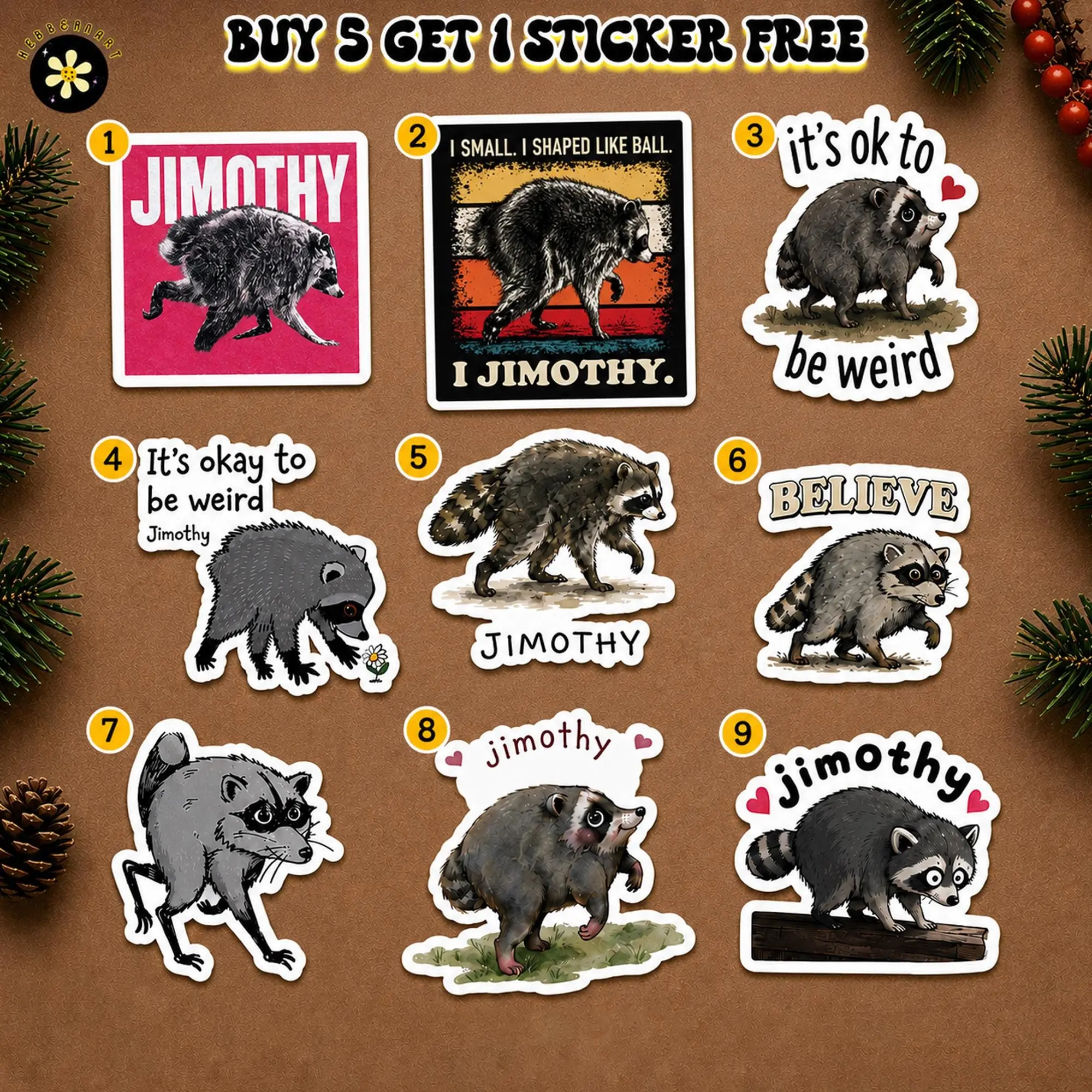 Pack 9 Jimothy the Raccoon Vinyl Waterproof Sticker