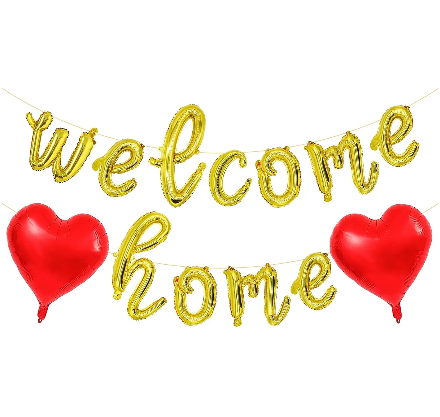 16-Inch Reusable Gold Welcome Home Mylar Foil Banner - 11 Pcs Gold Letter-Heart Garland, Curling Ribbon Included, Party Decor for Homecoming, Army-Themed Events, Balloon Garland, 11 Pcs Gold Letter Balloons