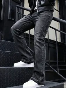 Men's Denim Jeans Slim Fit Ripped Bell Bottoms, Y2K Stacked Washed Pants, Patchwork Embroidery, All-Season Wear