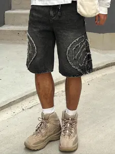Men's Vintage Wash Loose Fit Denim Shorts, Menswear, Comfortable Casual Street Style Jeans, Striped Pattern, Perfect for Everyday Wear, Streetwear