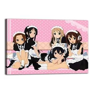 One K-ON! anime maid canvas poster with pink polka dots, featuring five adorable maid characters in black and white uniforms. Perfect for birthdays, holidays, and parties; an anime collectible.