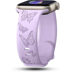 *WBA-PP Butterfly Engraved Bands Compatible with Apple Watch Band 41mm 40mm 38mm 49mm 46mm 49mm 46mm 45mm 44mm 42mm Women, Silicone Sport Strap for iWatch Series SE 10 9 8 7 6 5 4 3 2 1 SE Ultra
