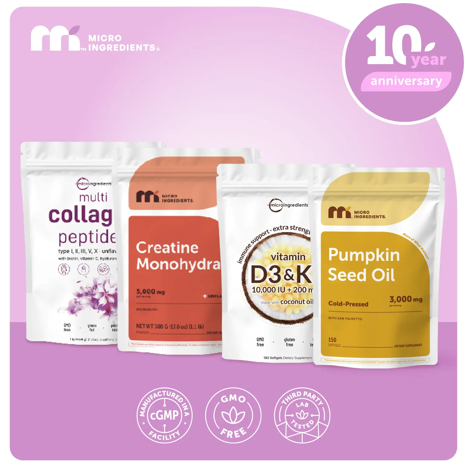 Micro Ingredients Hair & Muscle Nourish Bundle: Multi Collagen Peptides Powder 1LB, Creatine Powder 1.1LB, Vitamin D3K2 10,000IU 180 Softgels & Pumpkin Seed Oil 150 Softgels