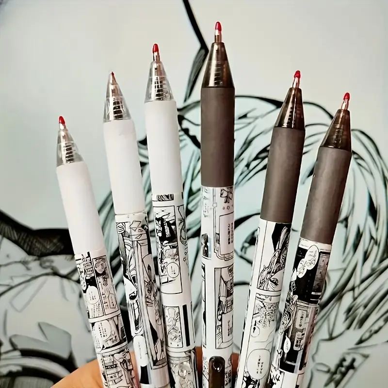 6pcs Anime Style Gel Roller Pen Set, Unique Pens, Writing Pen, Rollerball Pen, Quick-Dry Carbon Ink, Fine Tip 0.5mm, Black Ink, Press Pen, Art Pen