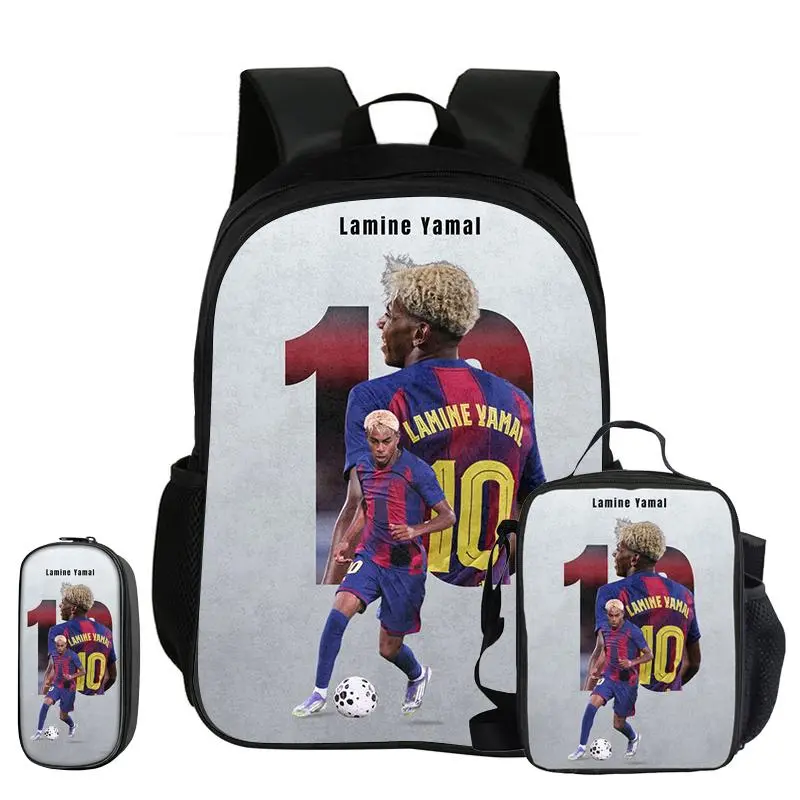 L-Lamin Yamal 3Pcs Set School Backpack Football Star child Rucksack Pencil Bags Bookbag with Lunch bag Sports Knapsack Kids Gift