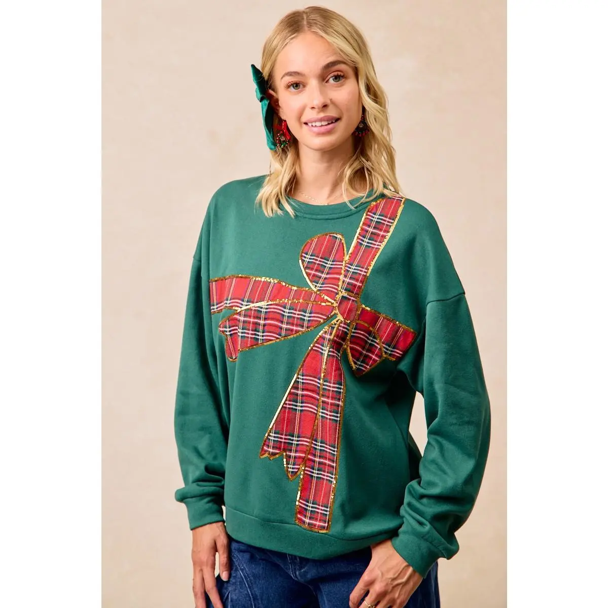 BiBi Plaid Ribbon Bow Detail Christmas Fleece Pullover