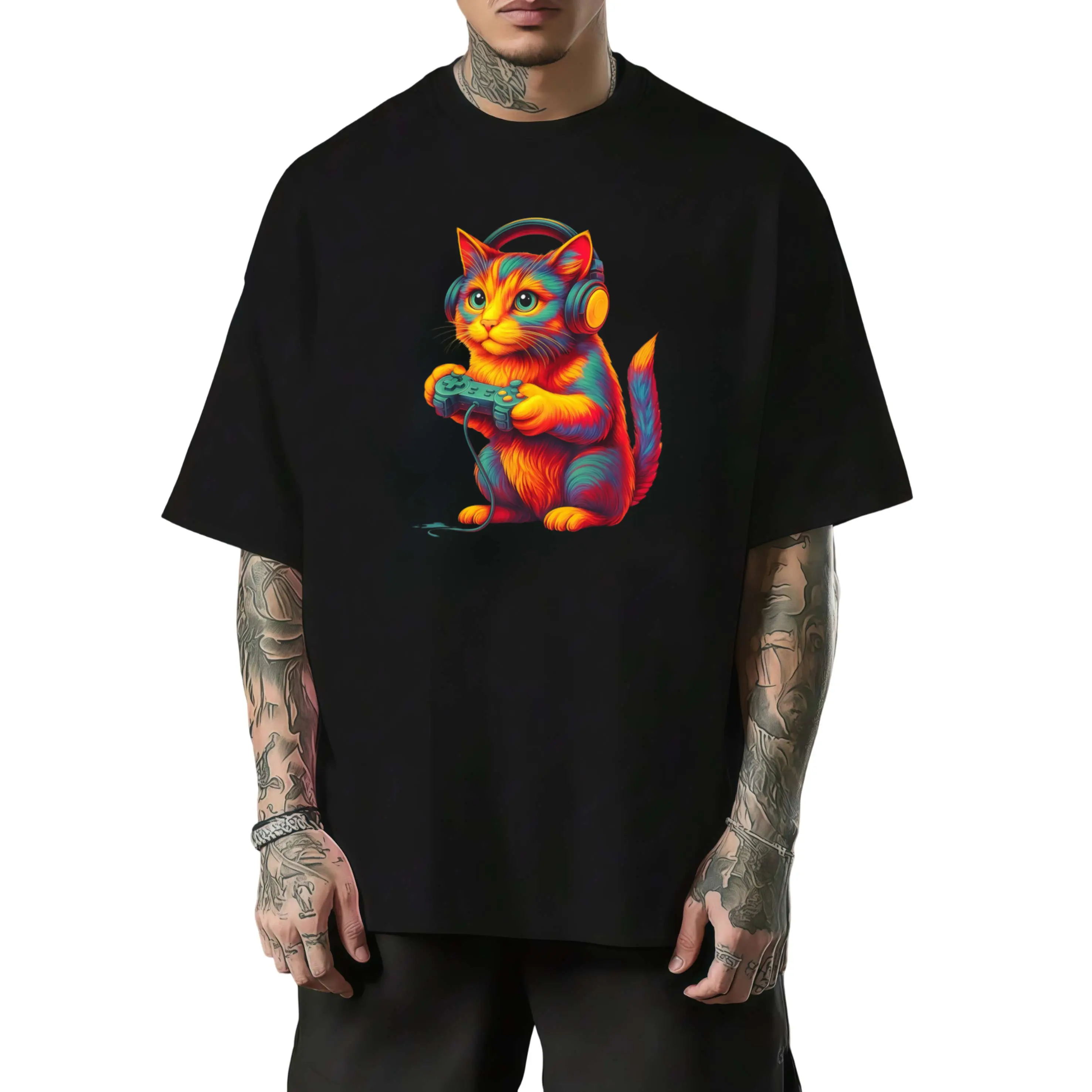 Gamer Cat Video Games Teen Men Funny Gift Gaming TShirtRetro Casual Crew Neck Printed T-Shirt