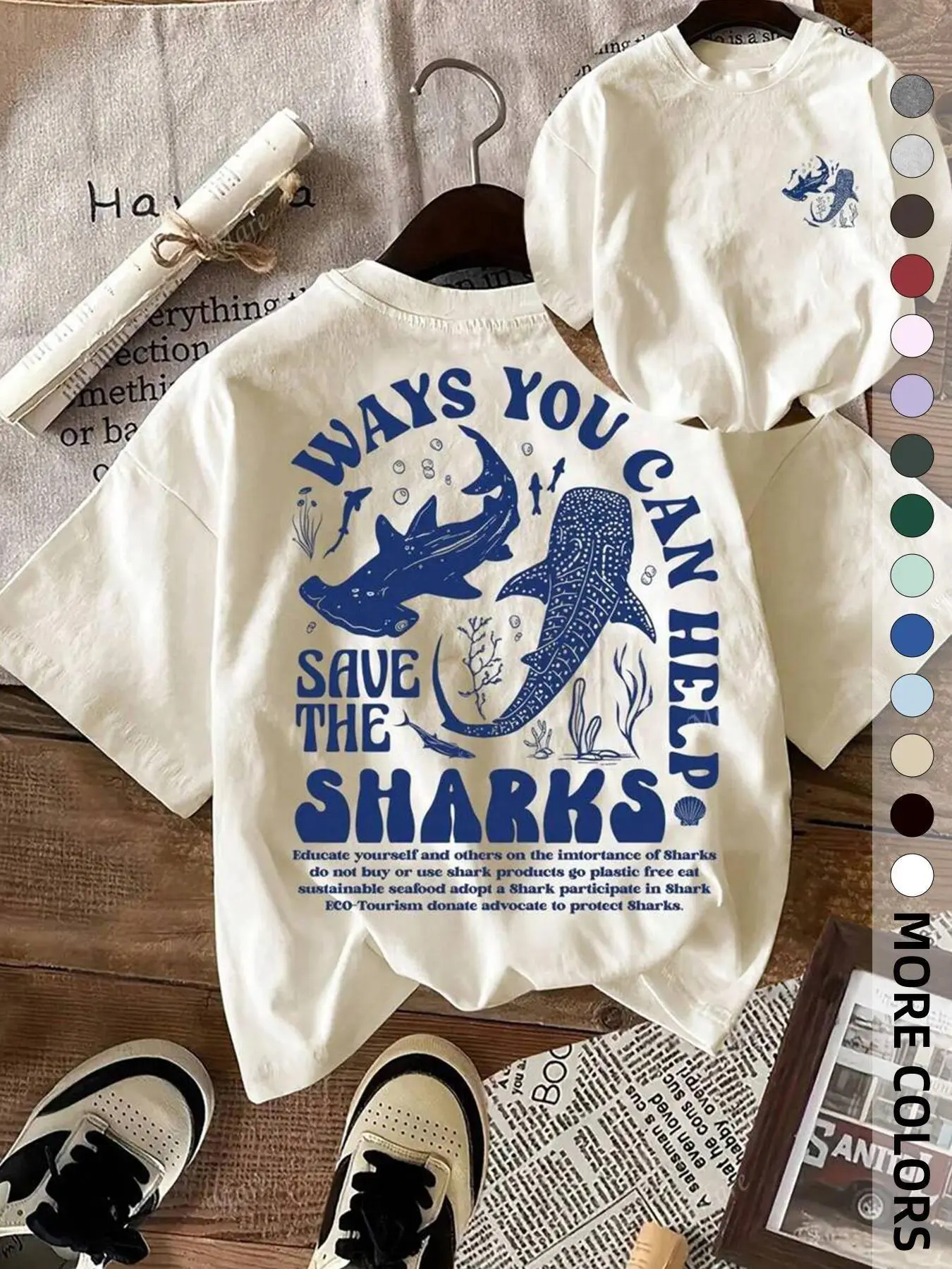 Save The Sharks Ways You Can Help Graphic T-Shirt, Vintage Marine Life Shark Print Tee, Oversized 【100% cotton】 Shirt, Boho Ocean Conservation Casual Short Sleeve Top, Eco-Friendly Marine Lover Cotton Tee for Beach Outfits and Animal Advocacy