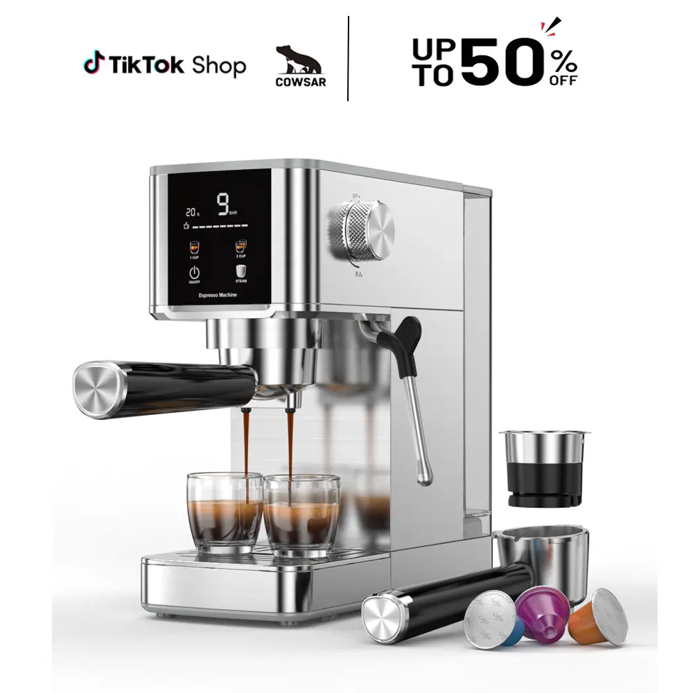 【Deals For You Days】COWSAR 20 Bar High Pressure Stainless Steel Drip Coffee Maker with Touch Control Panel 1.2L Removable Transparent Water Tank for Residential Use summerwins