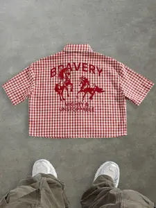 Men's Regular Fit Horse & Letter Print Short Sleeve Shirt, Casual Retro Gingham Shirt for Daily Wear, Fashion Men's Top for Summer