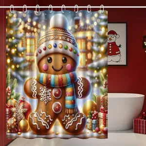 Christmas Shower Curtain, Gingerbread Man Pattern, Perfect for Bathroom Decor, Easy to Clean, Multiple Sizes Available, Includes Hooks
