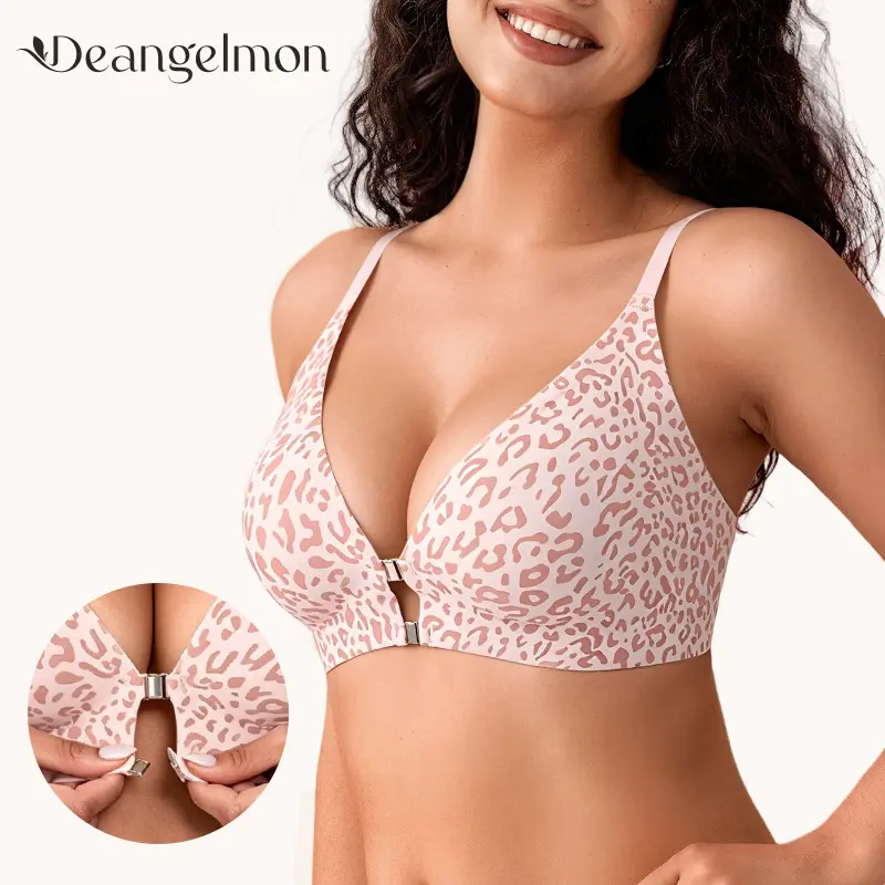 Deangelmon Front Closure Wirefree Bra, Easy On & Off, Light Support, Deep V-Neck Racerback, Stretchy Comfy Bralette Wireless Compression Bras Seamless Tshirt Bras