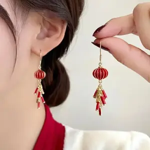 Chinese New Year Celebration Earrings Red Lantern & Firecracker Design Stainless Steel Posts Alloy Fashion Jewelry for Women