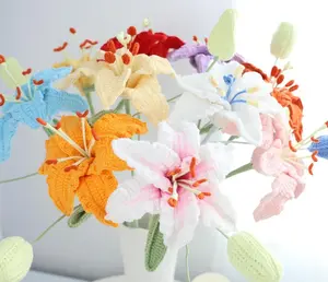 Stargazer Lily Handmade Bouquet - One Lily with Bud, Crochet Design, Ideal for Home Decor, Gift for Friends, Easter Lily