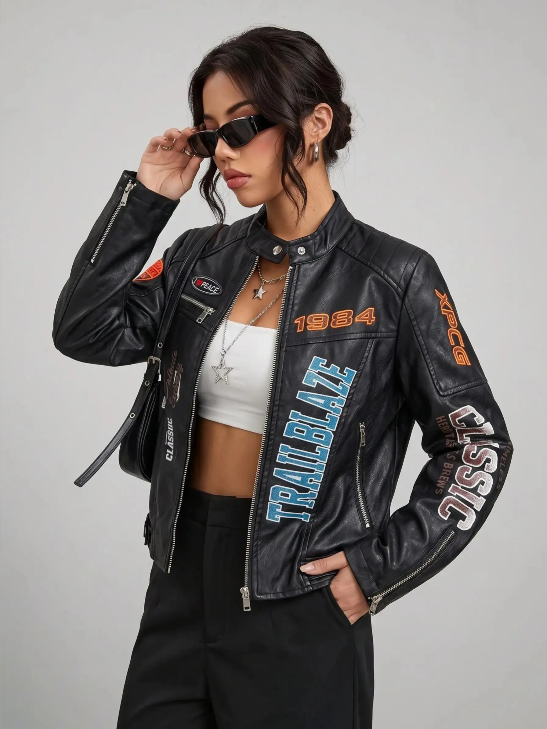 Women Retro Punk Motorcycle Jacket, Y2K Stand Collar Faux Leather Coat with Printed Letter Patches and Multiple Zippers, Trendy Short Street Outerwear for Fall Daily & Night Out