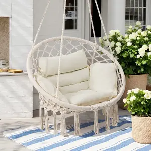 Woven Macrame Hanging Chair with Cushion – Available in Beige, Black, Gray, Perfect for Bedroom, Porch, Balcony – Soft & Relaxing Seating summervibes