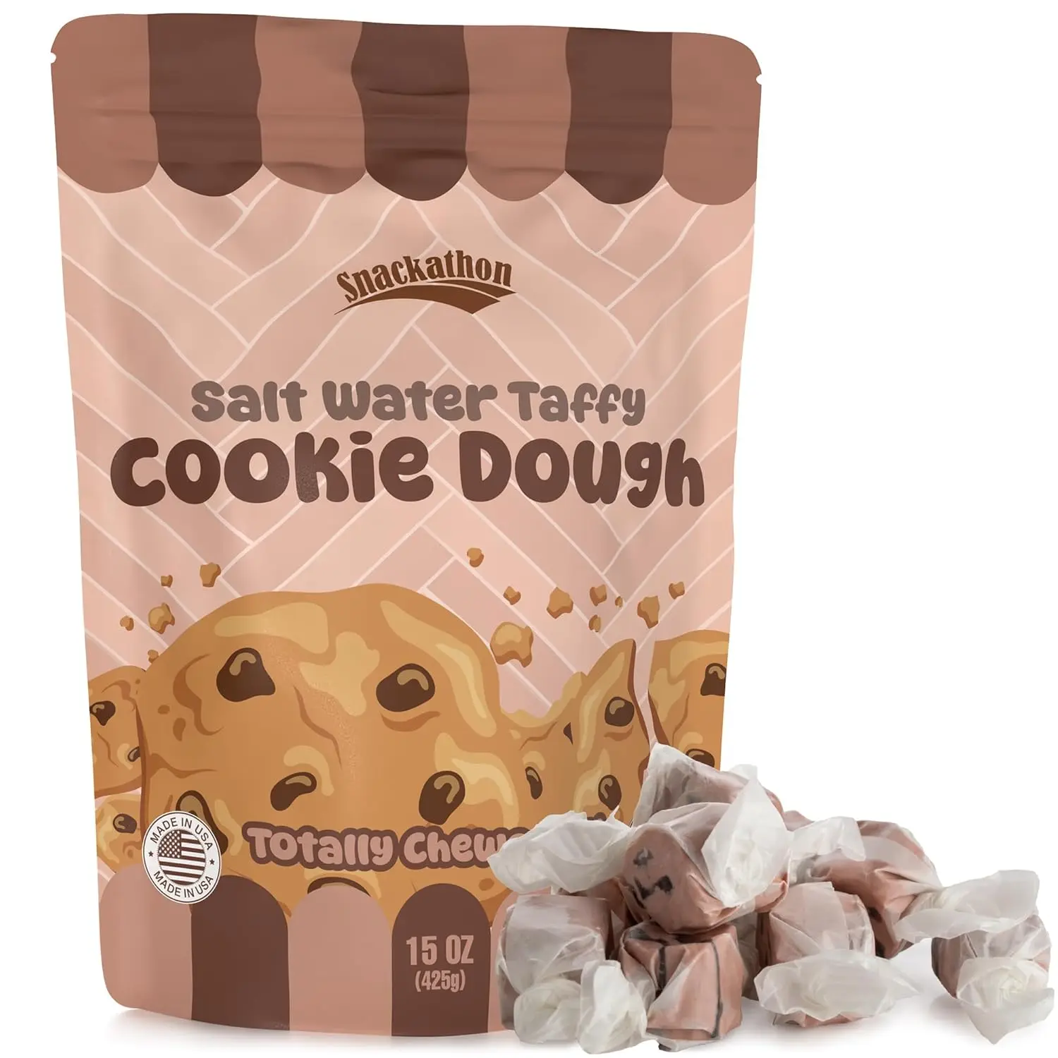 Snackathon Salt Water Taffy Single Flavor, Cookie Dough, Bulk Individually Wrapped Gourmet Candy, Soft & Chewy Sweet Treats, 15 oz Resealable Bag