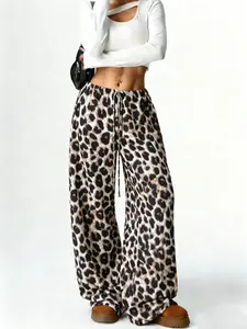Women's Leopard Print Wide-Leg Pants | Casual Streetwear for Daily OOTD | Light Fabric, Elastic Waist & Drawstring | Single Piece | Black-White Animal Print Style Casual Lounge Pants