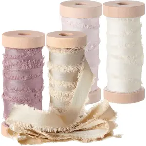 Frayed Chiffon Ribbon for Craft, Silk Satin Ribbons 1/2-1/4 Inch x 20 Yard Handmade Seam Binding Fabric Strips with Wooden Spool for Wedding  Wrapping(Assorted Colors)