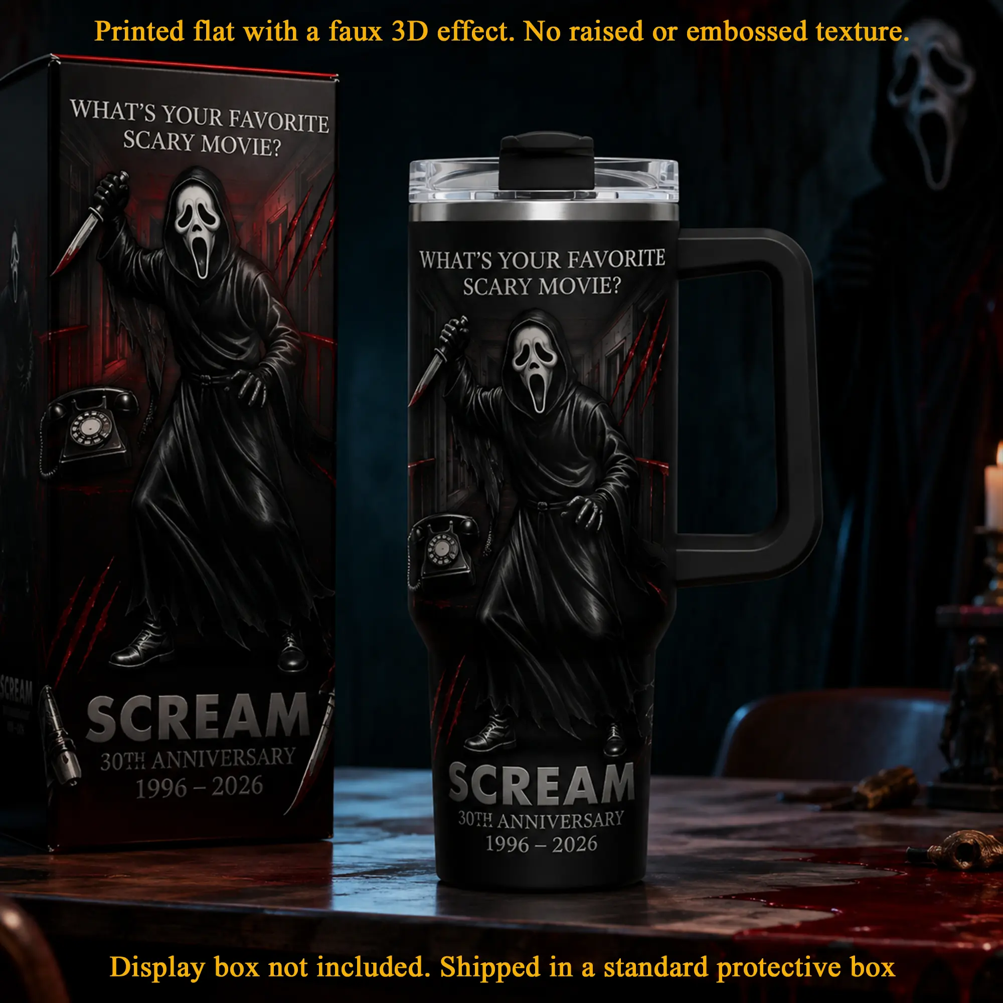 Ghostface Scream 30th Anniversary 1996–2026 40oz Premium Stainless Steel Insulated Travel Cup With Handle and Straw, Slasher Horror Movie Collector Mug, Spooky Halloween Tumbler, Halloween Gift, Horror Fan Merch