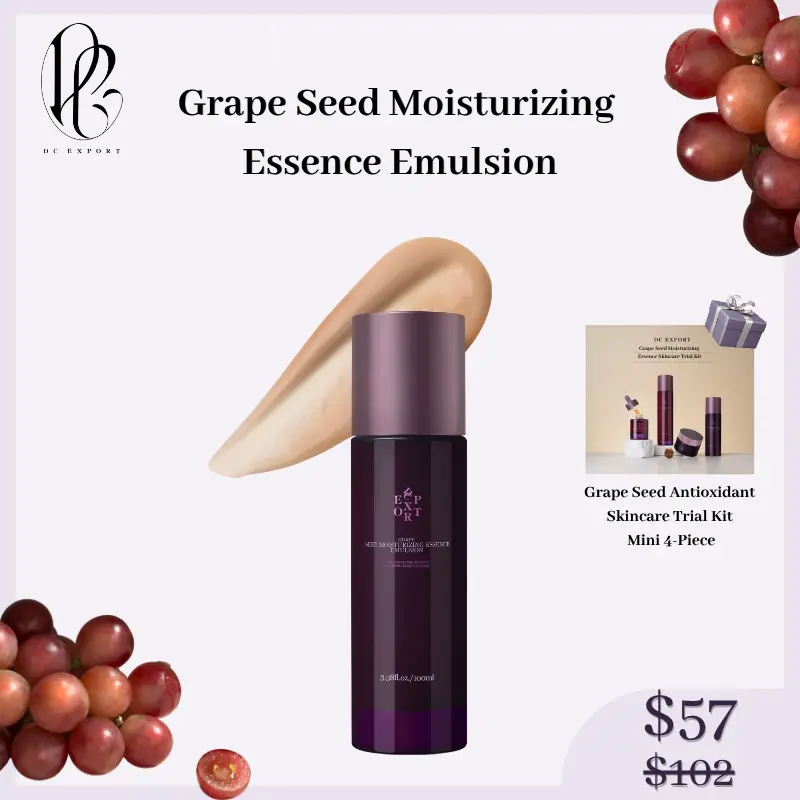 DC EXPORT Grape Seed Moisturizing Essence Emulsion – Antioxidant Firming Emulsion with Grape Complex + Yeast Ferment, Smooths Rough Texture, Refines Skin Texture, Boosts Radiance, Alcohol-Free Formula for Dry & Sensitive Skin (100ml)
