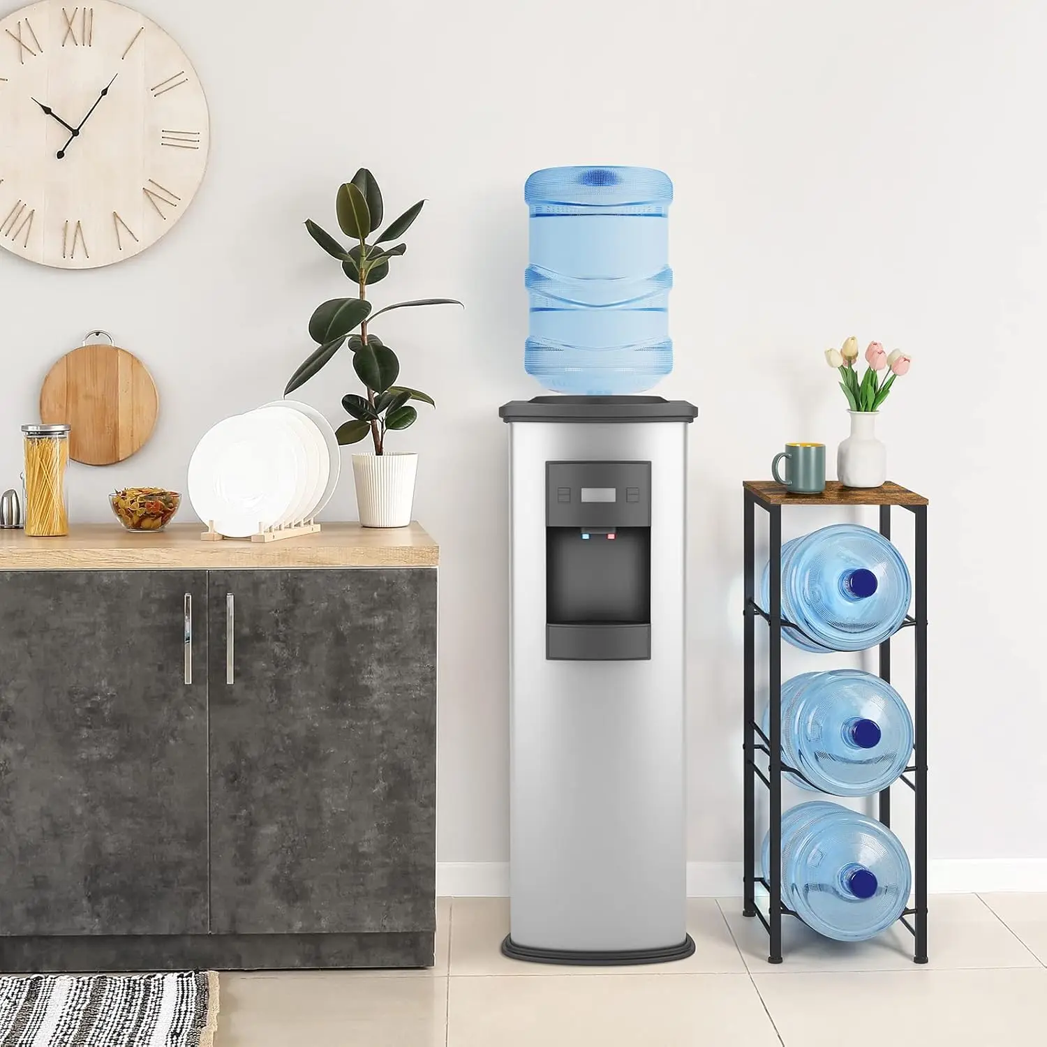 Metal 3-Tier 5 Gal Water Dispenser Stand Rack - Heavy-Duty Water Jug Holder with Storage Shelves for Bottles, Space-Saving for Kitchen, Office