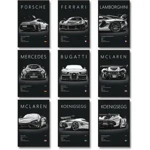9pcs Unframed Super Car Posters (8x12inch/A3) - Home Decor for Boys' Bedrooms, Man Caves, Racing Car Wall Art for Men