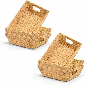 M4DECOR Set of 6 Water Hyacinth Wicker Storage Baskets for Shelves – Woven Snack Baskets for Organizing Pantry, Closet & Kitchen – Natural Storage Bins with Handles (6 Packs)