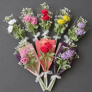 Crochet Double Rose Floral Bouquet Gift for Her, Knitted Flower Bouquet, Forever Flowers for Girlfriend, Anniversary, Graduation, Mother’s Day